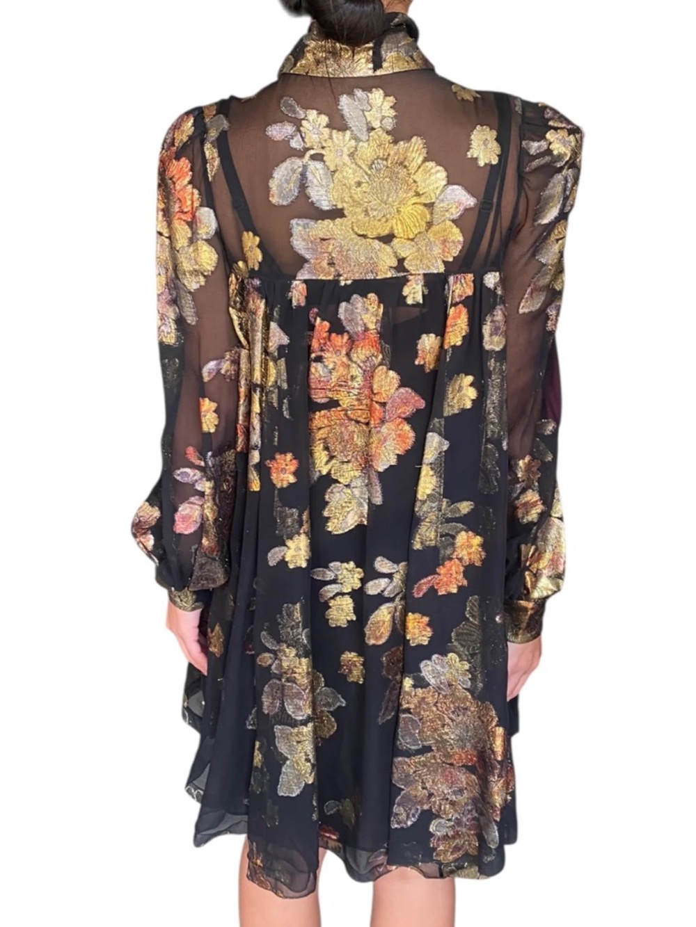 😮Saint Laurent Black Floral Silk Jacquard Mini Flared Dress - 40 - Picture 4 of 13